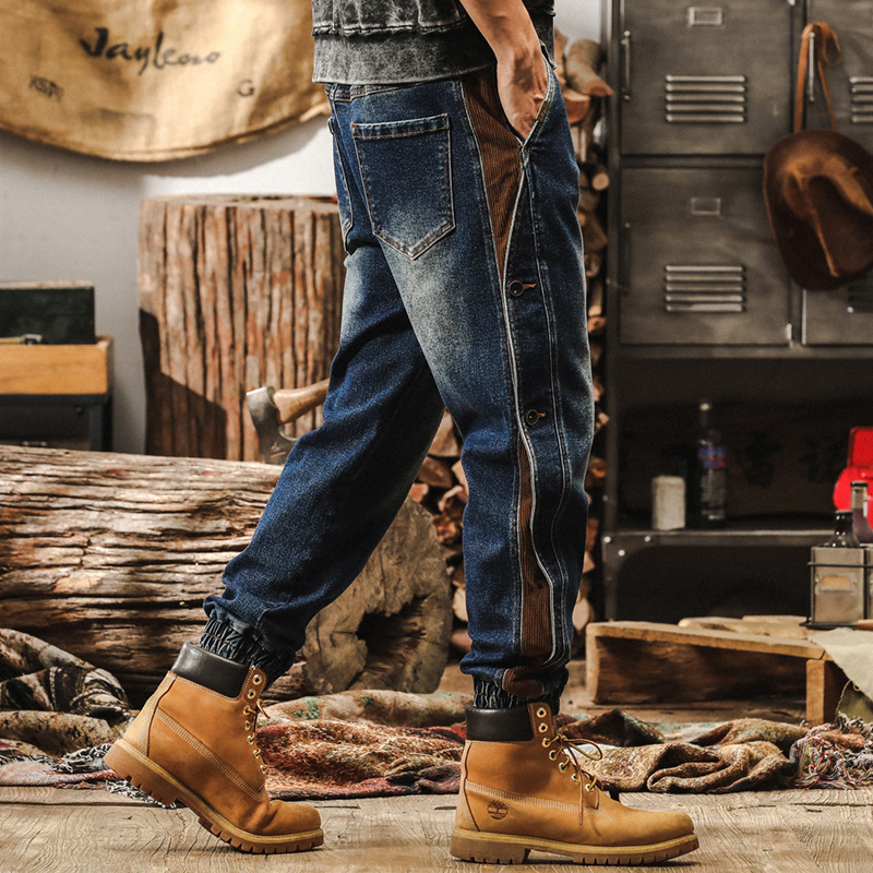 美式復古工裝褲子男秋季做舊寬鬆直筒牛仔褲男潮牌束腳排扣休閒褲