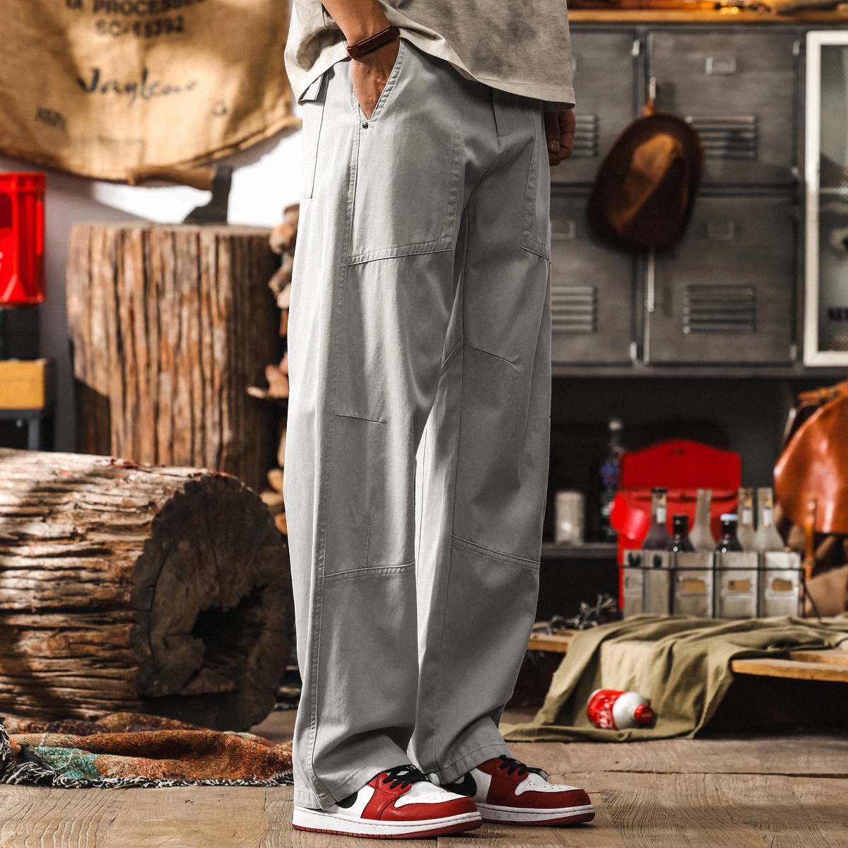 美式復古垂感萊賽爾卡其色褲子男夏季薄款休閒褲男寬鬆直筒工裝褲