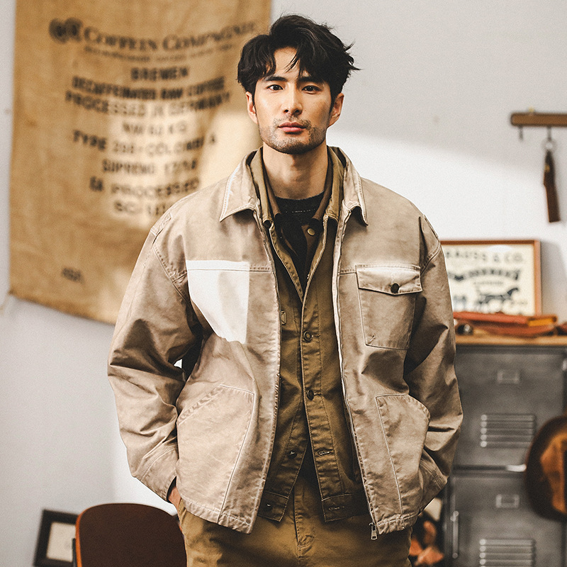 美式經典重磅翻領夾克男春秋潮牌複古做舊髒洗休閑工裝外套男