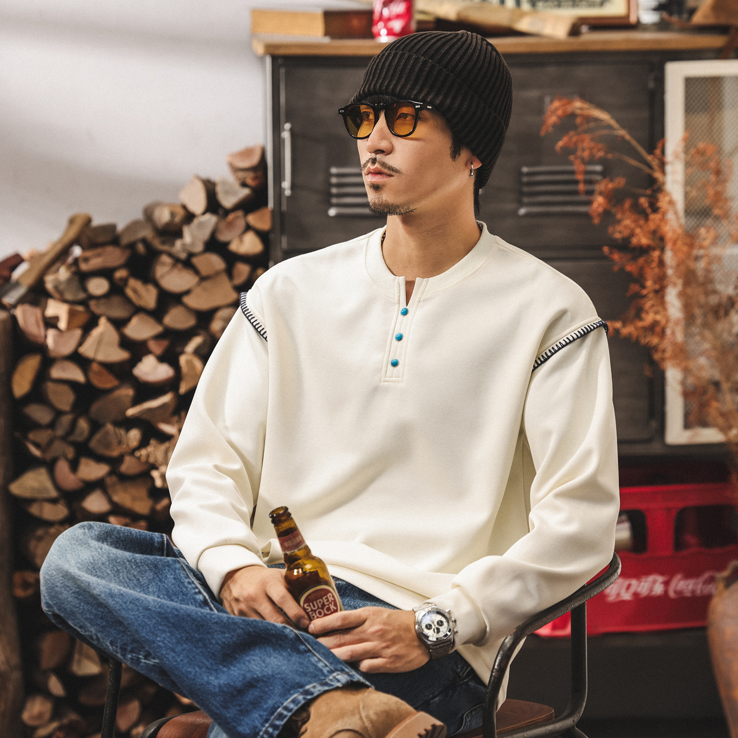 美式復古亨利領衛衣男春秋新款潮流設計感長袖男t恤寬鬆休閒上衣