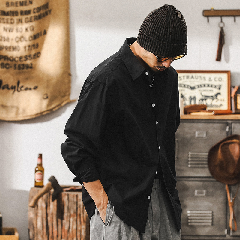 美式32支霧化精梳棉長袖襯衫男秋季上班通勤寬鬆休閒男士上衣襯衣