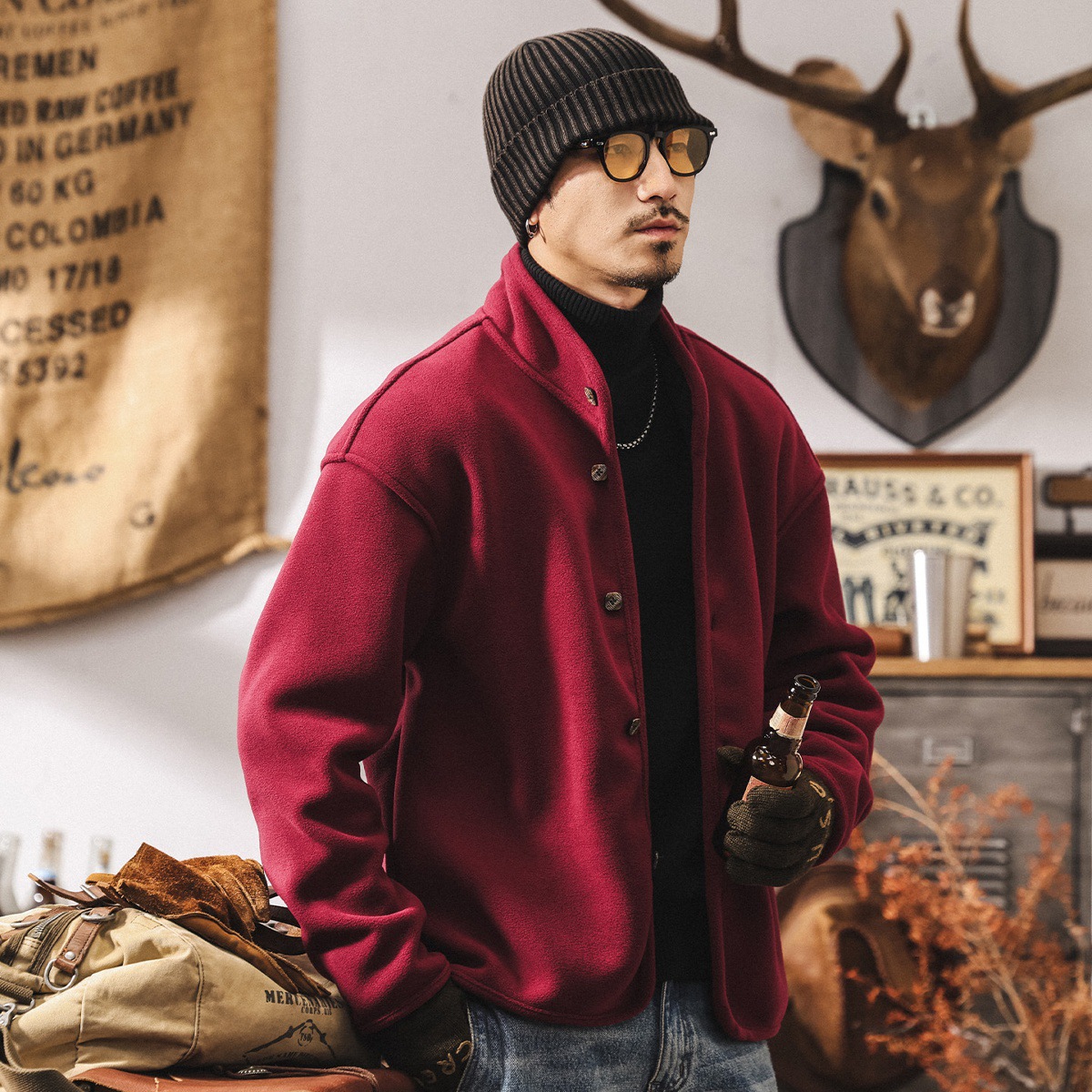 美式復古重磅保暖內膽戶外抓絨衣男冬季加厚內搭搖粒絨休閒外套男