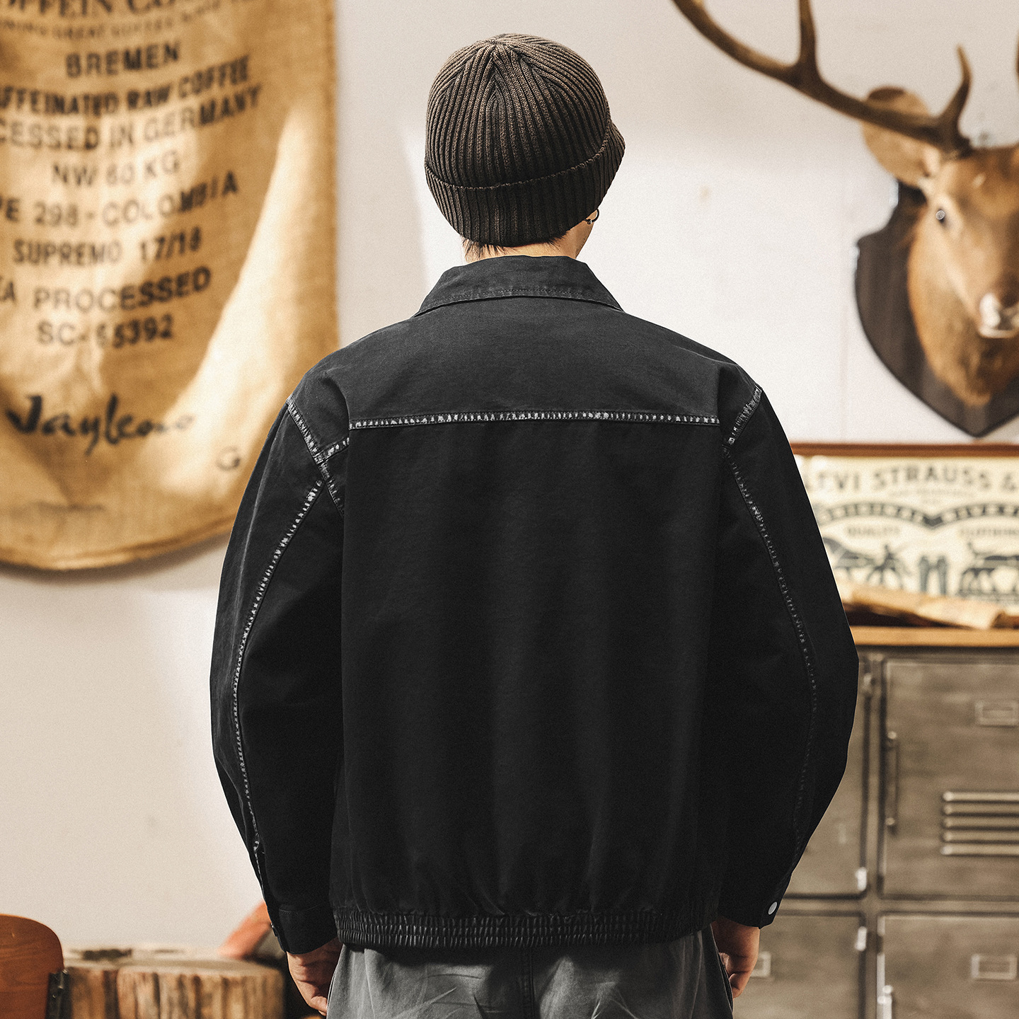 美式復古工裝教練夾克男寬鬆秋季新款塗染明線潮牌帥氣春秋外套男