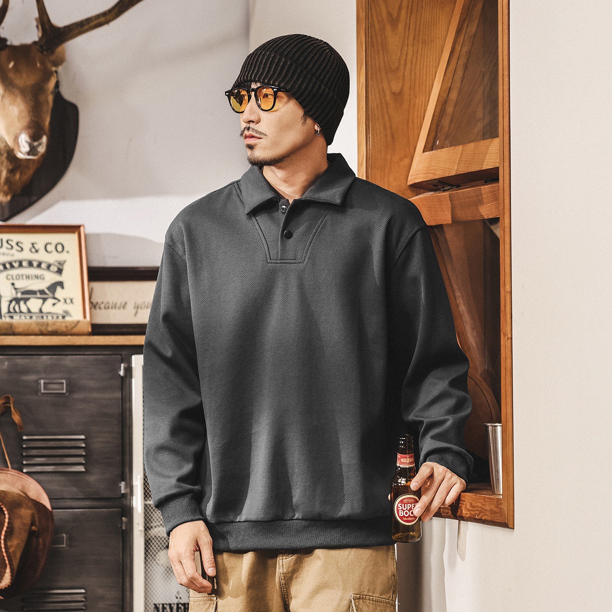 美式復古重磅Polo領衛衣男春秋2025新款簡約輕熟寬鬆休閒翻領上衣