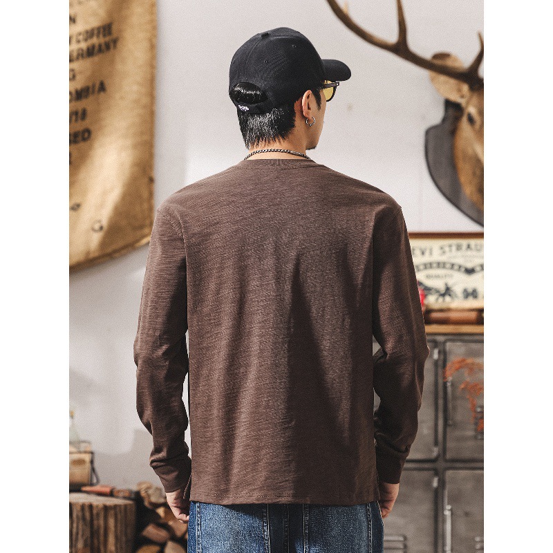 美式復古咖色亨利領長袖t恤男春秋新款寬鬆硬漢潮流男士上衣