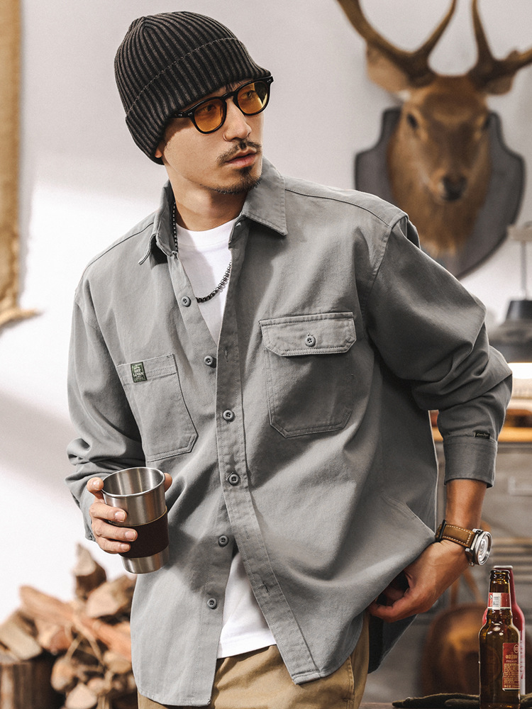 美式復古長袖襯衫男春季寬鬆休閒2025新款阿美咔嘰工裝襯衣外套男