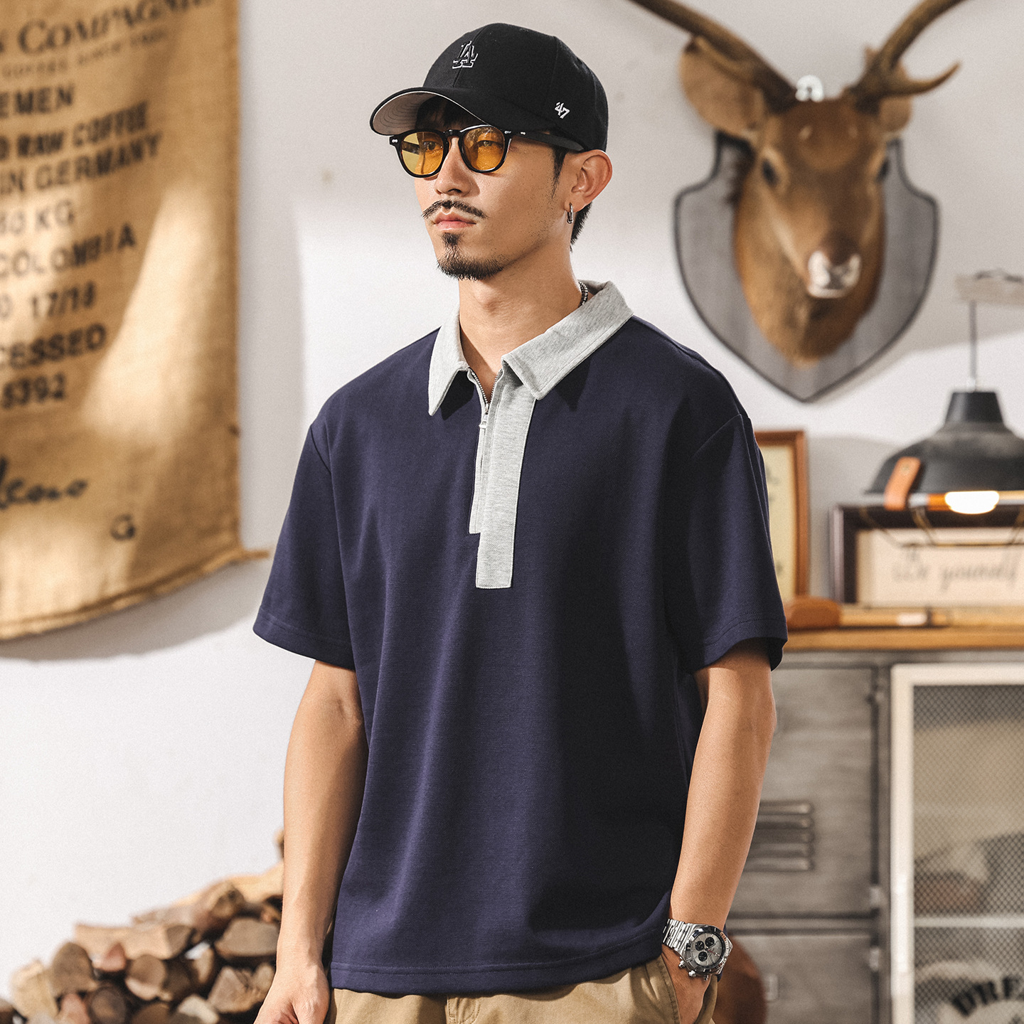 美式復古潮流短袖Polo衫男士夏季2025新款寬鬆大碼上衣休閒T恤男T