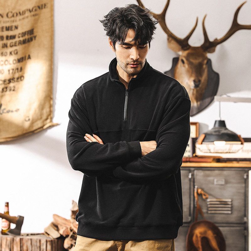 美式復古重磅加絨衛衣男冬季加厚半拉鍊抓絨衣男潮牌男士秋冬外套