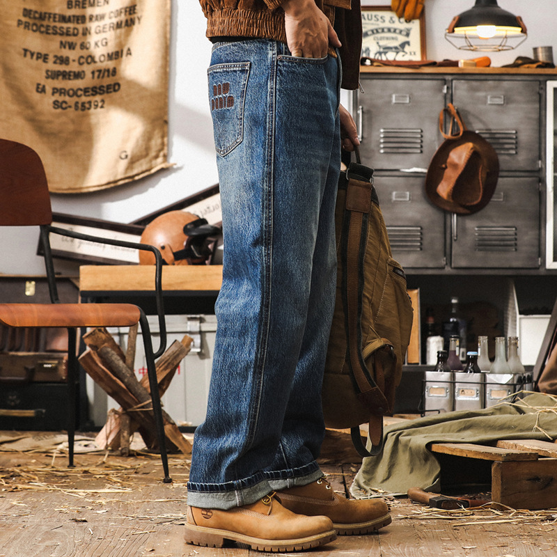 美式復古經典藍色牛仔褲男直筒2024新款寬鬆闊腿石磨水洗休閒褲男