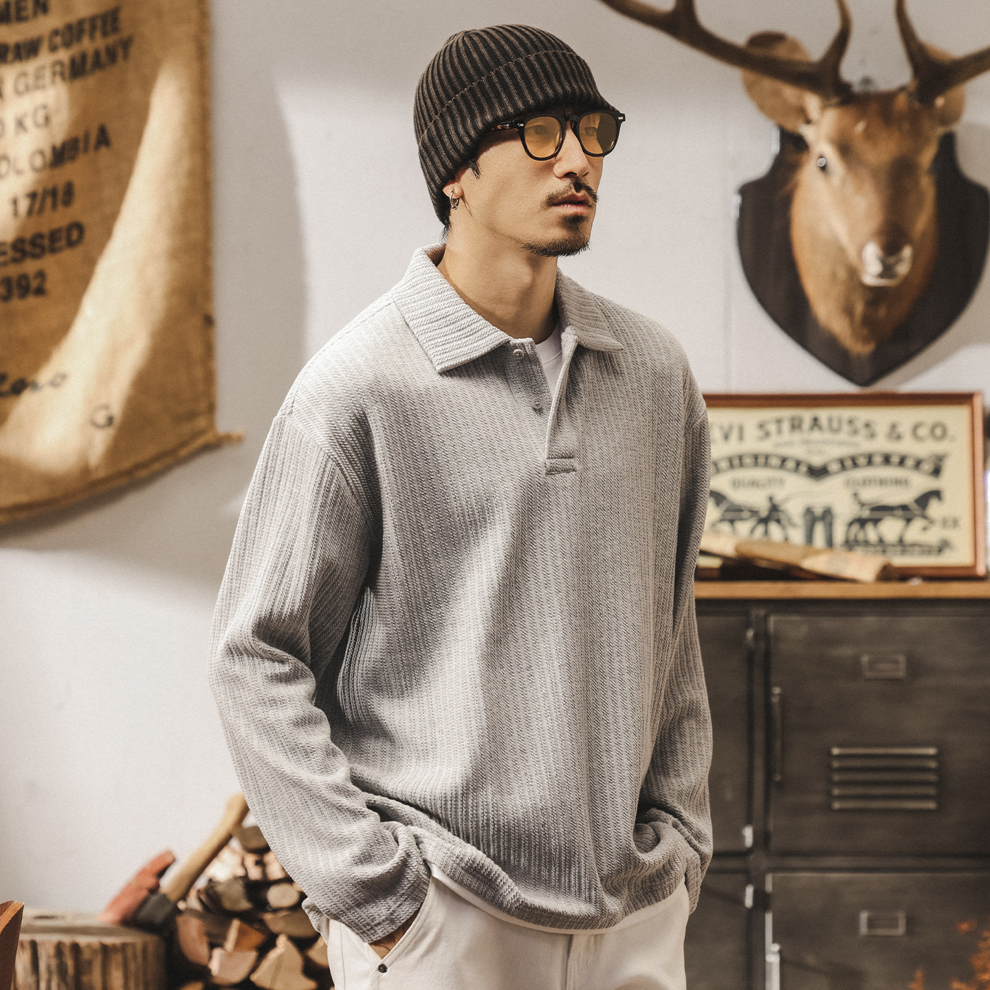 美式重磅復古Polo衫男士秋季新款針織提花毛衣潮流假兩件長袖上衣