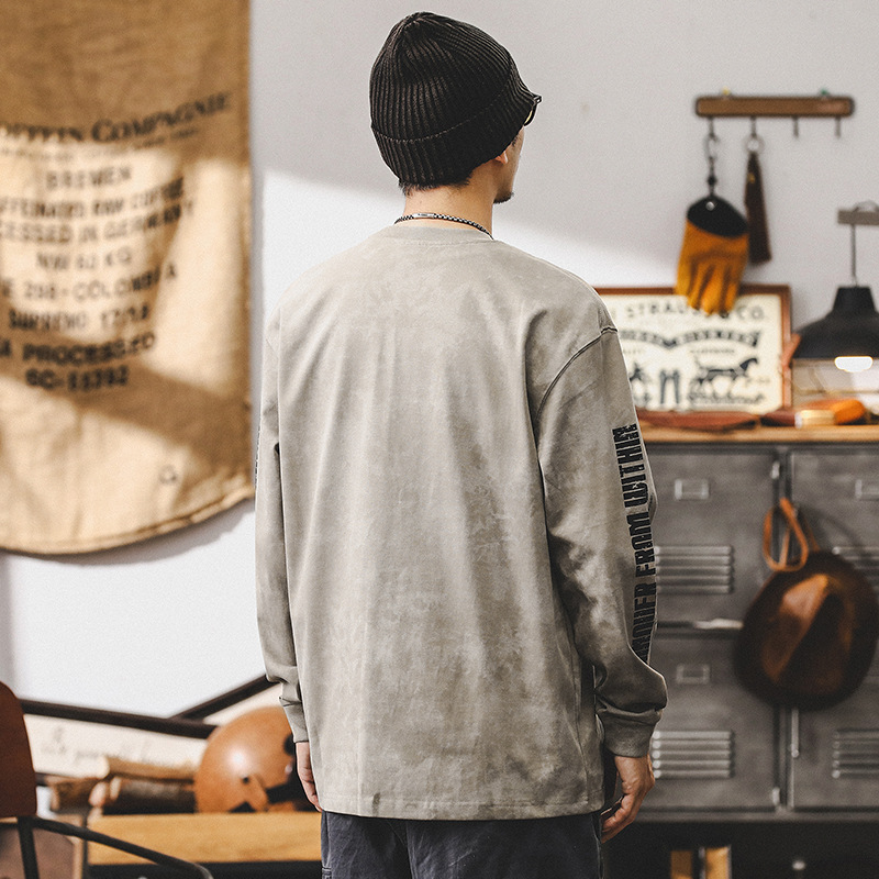 美式複古長袖T恤男春秋季做舊印花上衣T潮牌寬松休閑衣服男款潮流