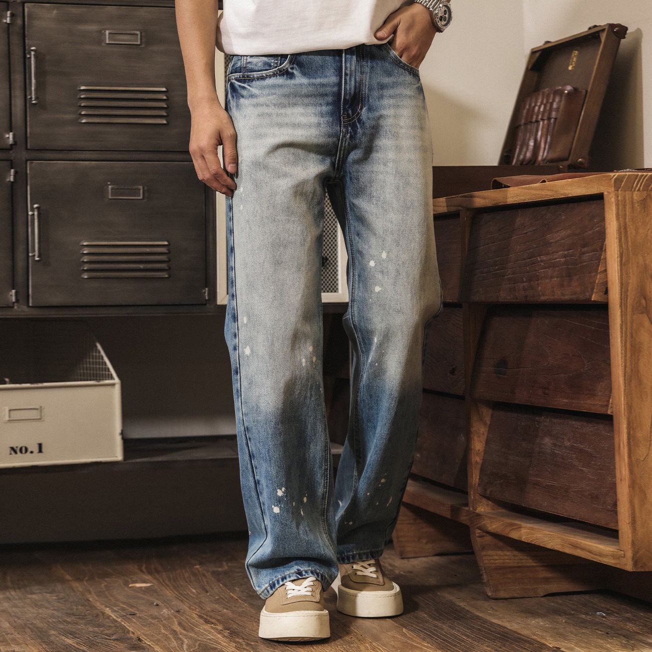 美式復古重工石磨水洗牛仔褲男款春季潮流潑墨直筒寬鬆男士休閒褲