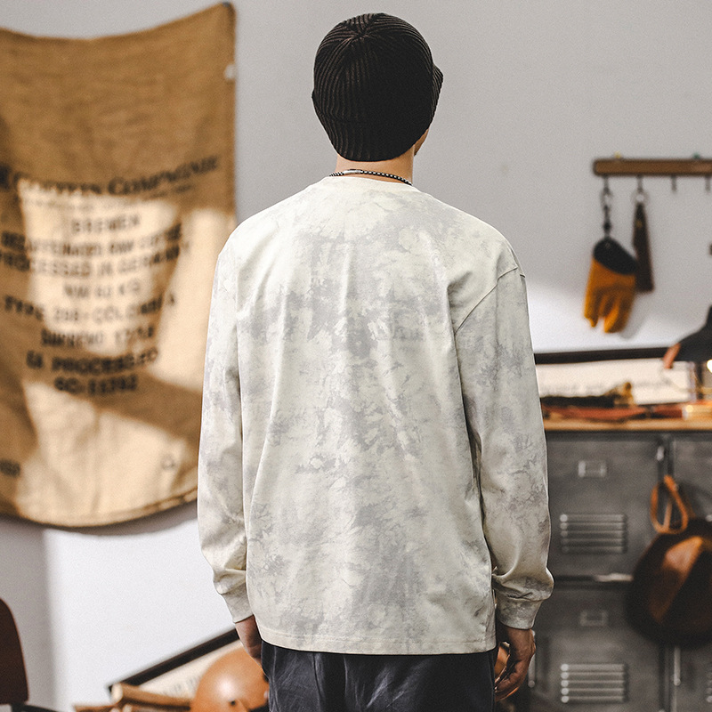 美式複古雲染水洗長袖T恤男秋季潮牌重磅設計感寬松休閑上衣男款T