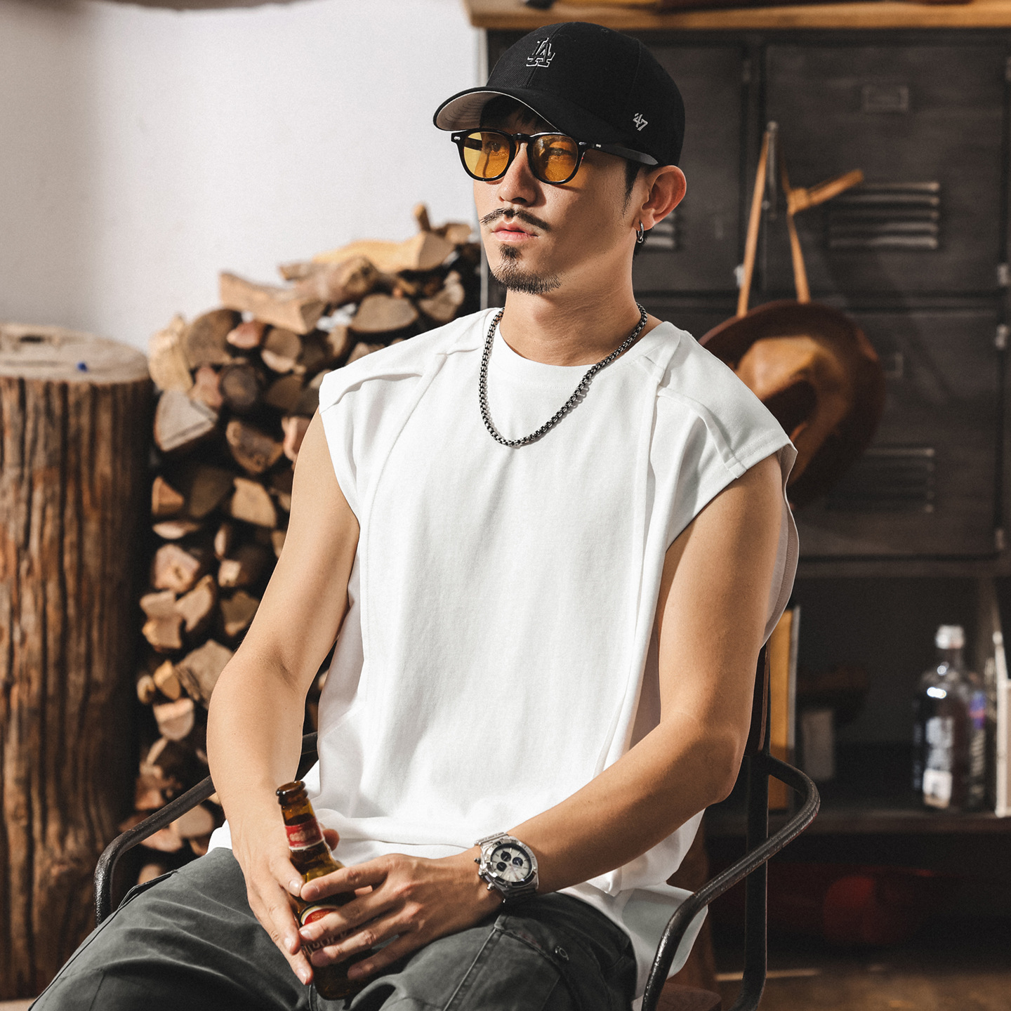 美式復古重磅280g男士背心夏季新款潮牌拼接坎肩寬鬆無袖純棉T恤