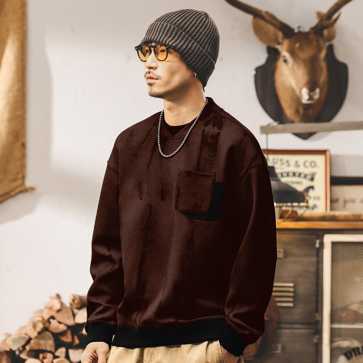 美式復古麂皮絨360g重磅衛衣男春秋款潮牌髒染寬鬆假兩件男士上衣