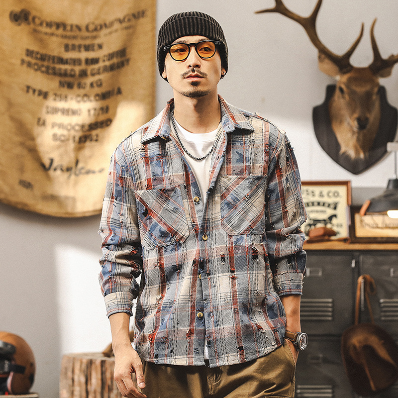 美式復古300g重磅色織格子襯衫男秋季新款痞帥破洞戰損襯衣外套男