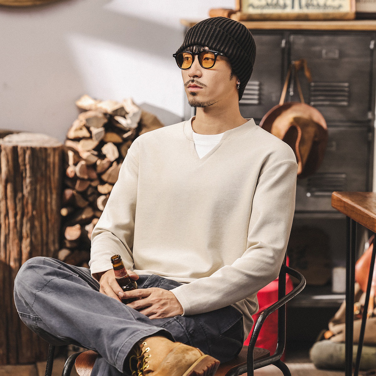 萊賽爾軟糯親膚長袖T恤男秋季新款美式復古潮牌寬鬆假兩件上衣男