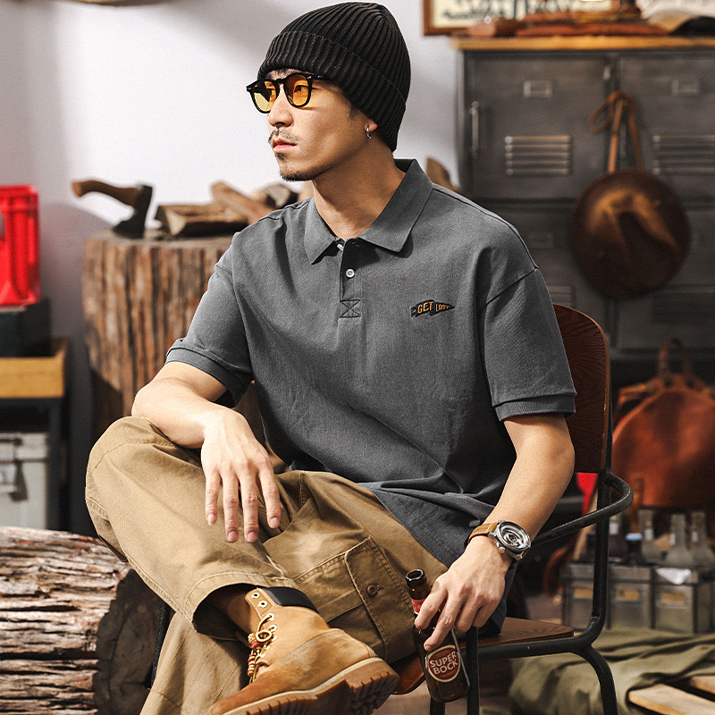 美式復古做舊炒砂水洗POLO衫男士重磅T恤男短袖夏季潮流寬鬆上衣T