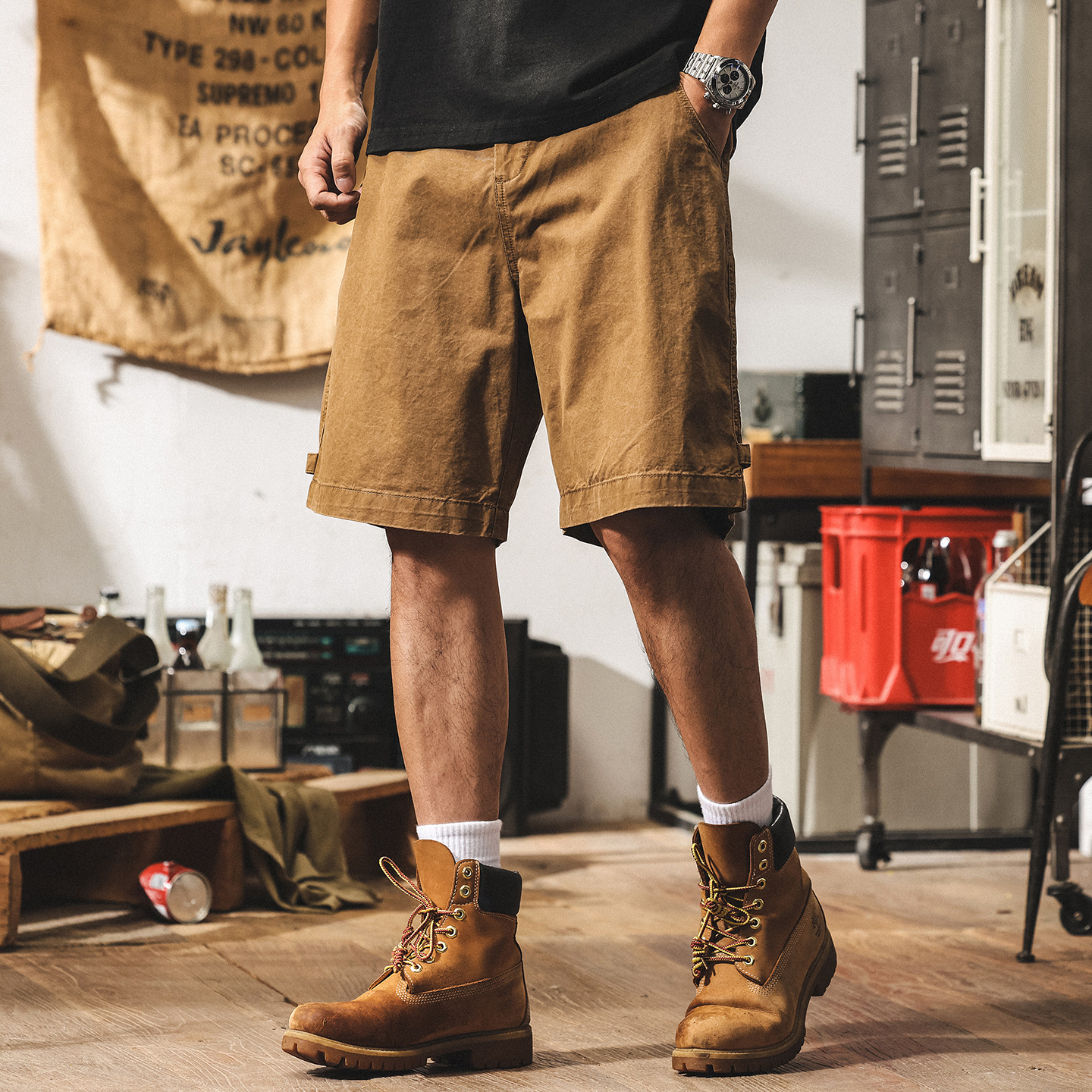 美式復古水洗工裝短褲男夏季新款潮牌中褲寬鬆大碼休閒五分褲子男