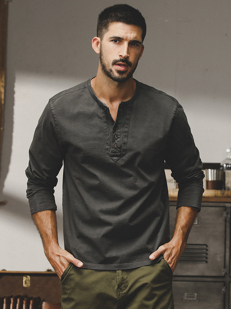 美式重磅復古長袖T恤男春秋款2024年新款潮牌水洗做舊硬漢亨利杉