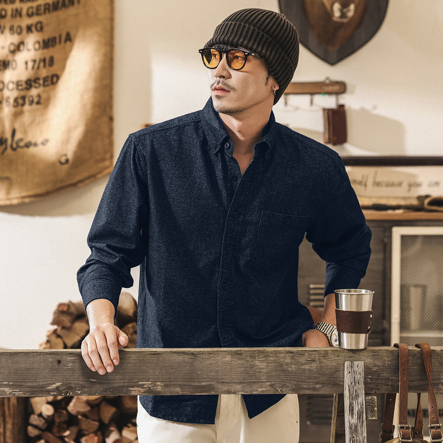 美式復古春季襯衫男長袖2026新款休閒潮牌寬鬆襯衣男春裝外套