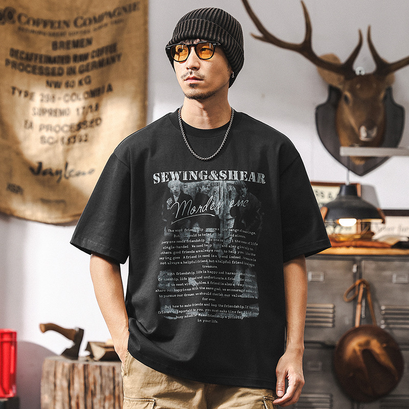 美式復古短袖男夏季T恤2025新款潮牌字母印花寬鬆休閒上衣男T男潮