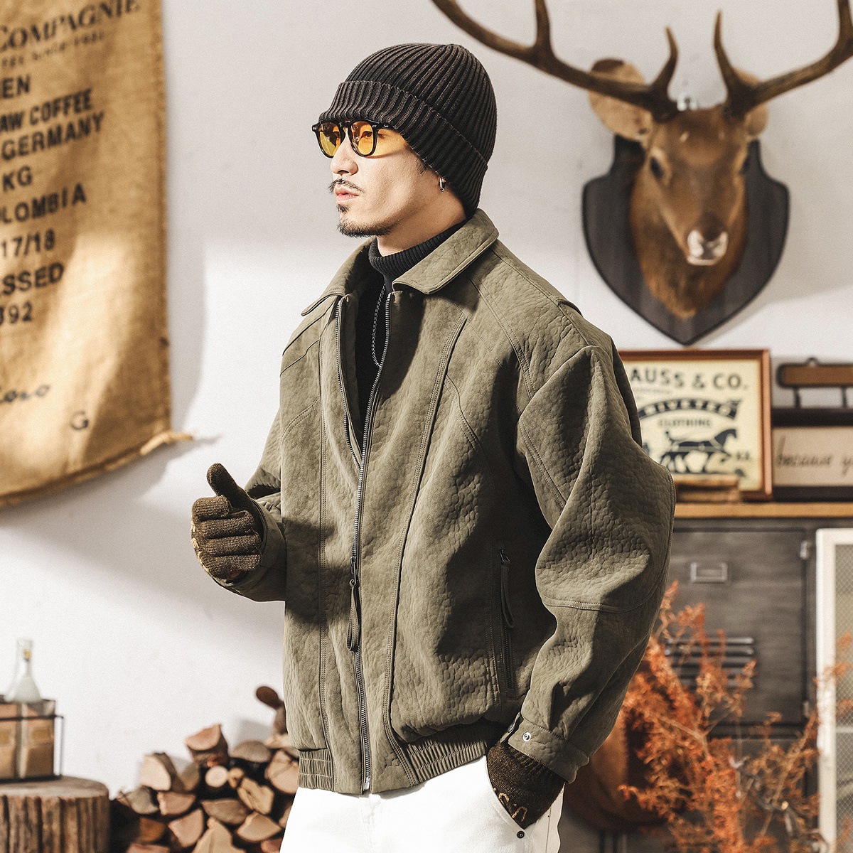 美式復古高級感荔枝紋棉服男士棉衣冬季加厚保暖機車皮夾克外套男