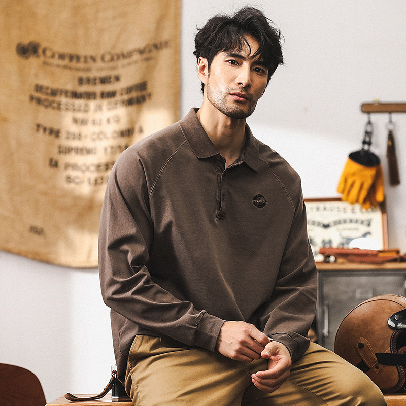 美式復古重磅T恤男秋季寬鬆復古水洗硬漢帥氣潮流長袖POLO衫