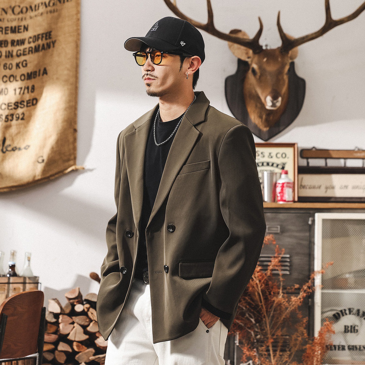 美式復古平駁領通勤休閒西裝外套男士2025新款潮流英倫紳士西服男