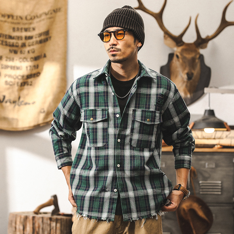 美式復古18支高密粗紡戰損破洞襯衫男長袖秋季潮牌寬鬆格子襯衣男