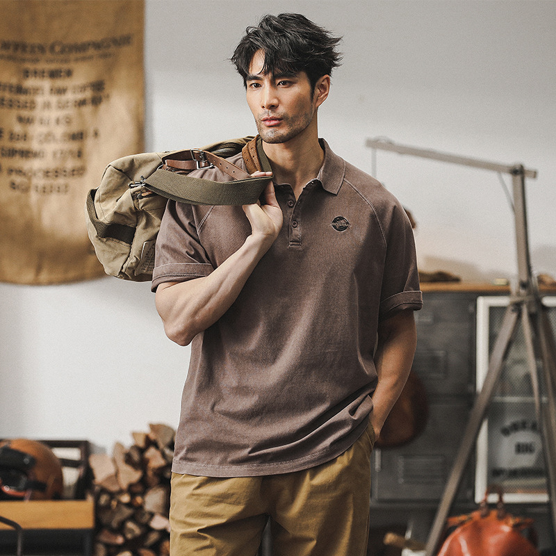 美式復古重磅T恤男式短袖夏季做舊古著上衣寬鬆休閒Polo衫男