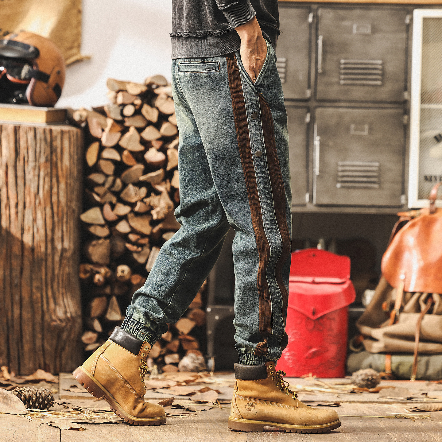 美式復古拼接牛仔褲男秋季2025新款潮牌寬鬆束腳休閒工裝褲子男潮