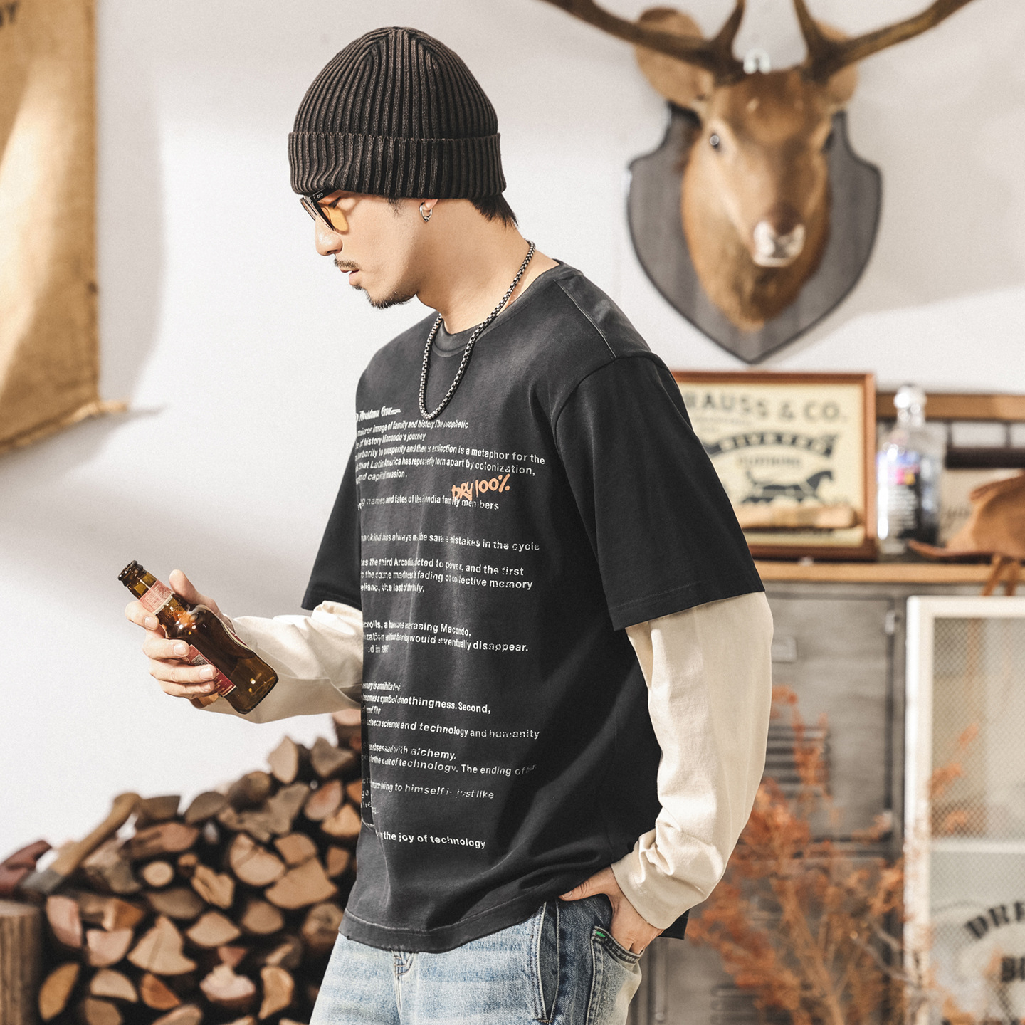 美式復古假兩件長袖t恤男款秋季高街潮牌水洗磨破做舊寬鬆上衣男