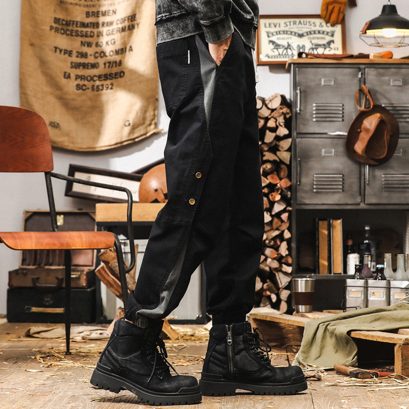 美式重磅復古工裝褲子男秋季2024新款寬鬆潮牌束腳黑色男士休閒褲