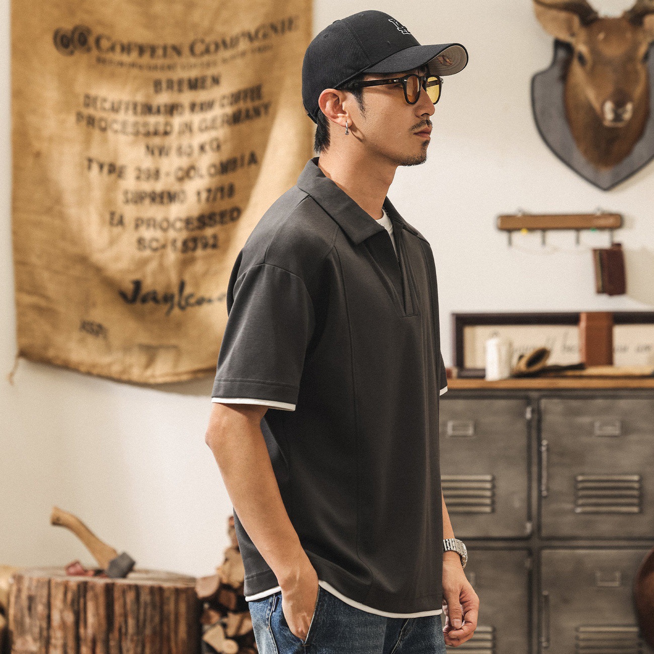 美式復古假兩件果凍棉涼感短袖Polo衫男夏季新款潮牌寬鬆男士T恤