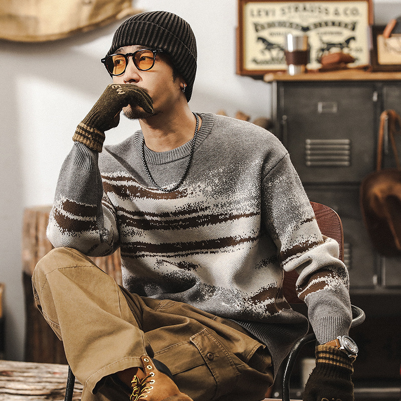 美式7針640g重磅復古毛衣男冬季圓領慵懶風針織衫男加厚線衫外套