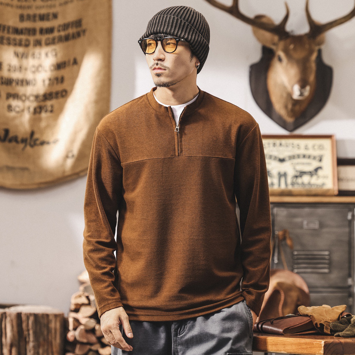 美拉德復古320g重磅假兩件衛衣男秋季新款萊賽爾寬鬆長袖男士上衣