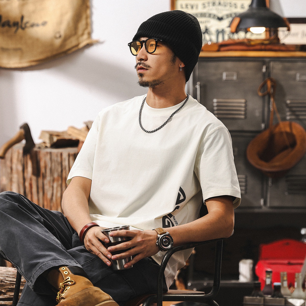 運動透氣速幹T恤男夏季短袖2025新款潮牌美式復古戶外寬鬆上衣男T