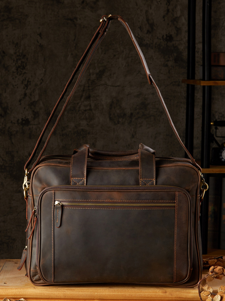 手工復古瘋馬皮手提包大容量電腦包男士單肩斜挎包真皮商務公文包