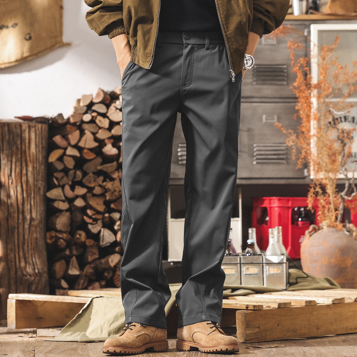 美式復古山系戶外工裝褲男冬季加厚直筒褲子加絨寬鬆男士休閒長褲