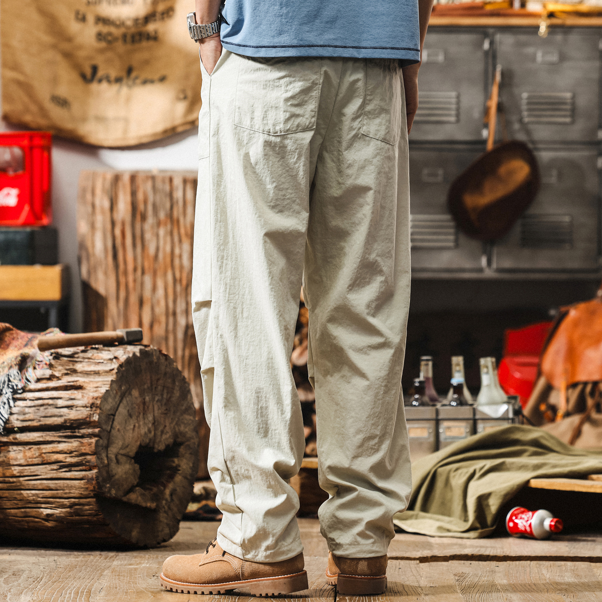 美式薄款杏色工裝傘兵褲男夏季寬鬆闊腿褲城市戶外通勤直筒休閒褲