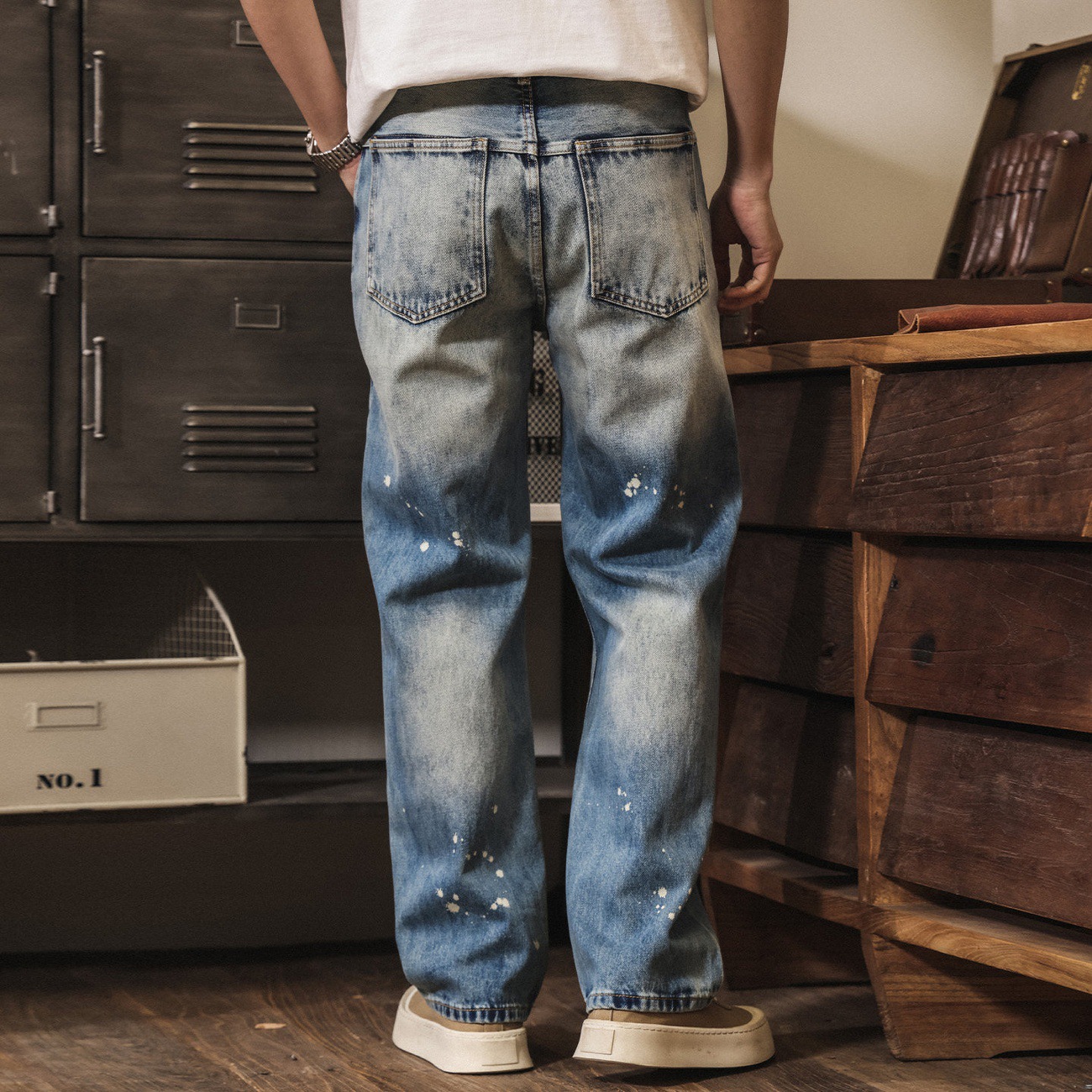 美式復古重工石磨水洗牛仔褲男款春季潮流潑墨直筒寬鬆男士休閒褲