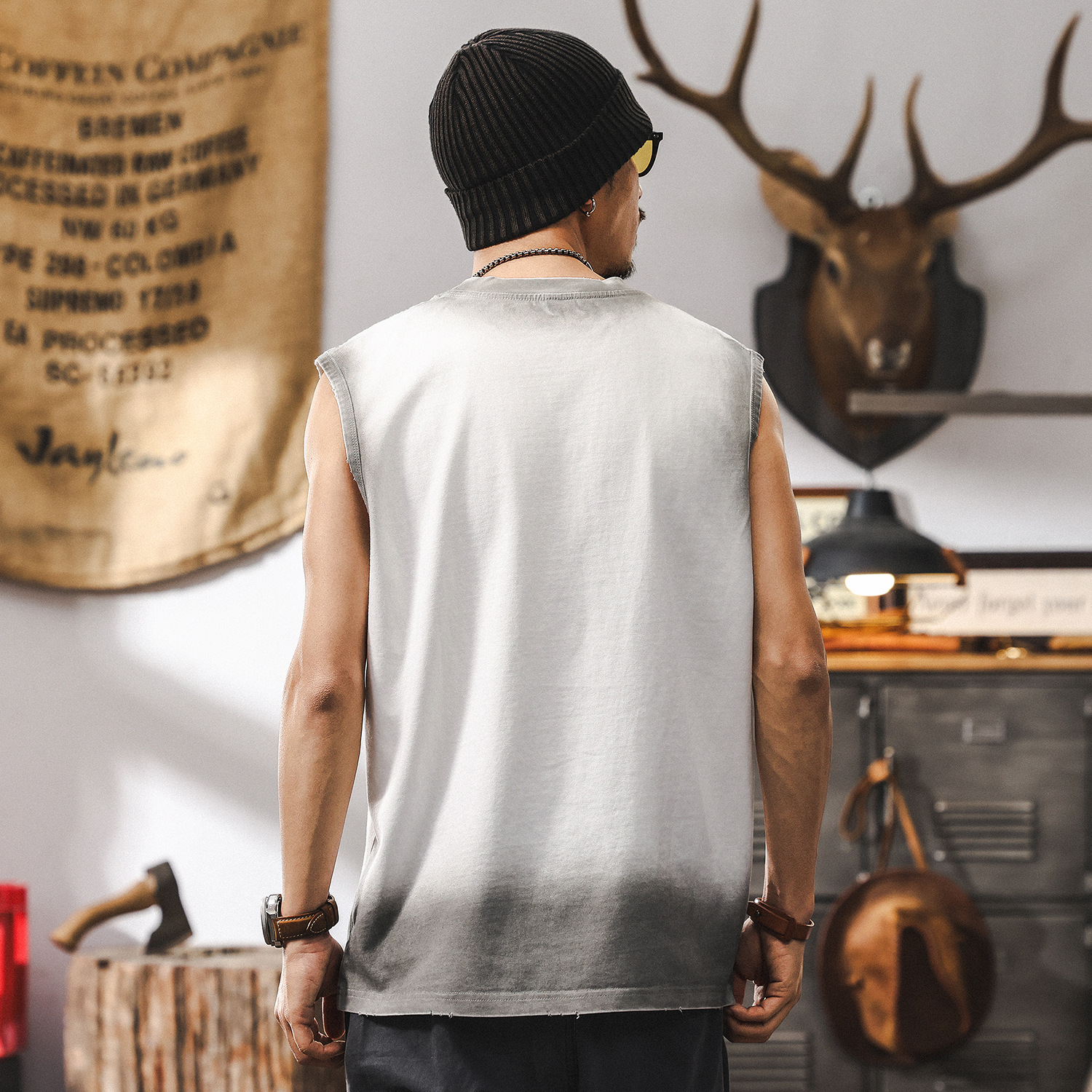 美式復古運動休閒坎肩健身背心男款夏季潮流印花寬鬆無袖男士T恤