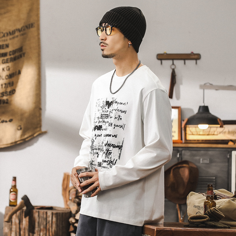 美式復古260g重磅T恤男長袖2024新款秋季創意印花寬鬆上衣男