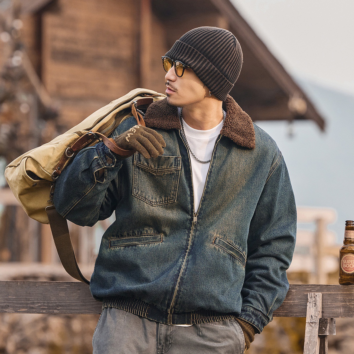 美式復古重磅羊羔絨加厚牛仔棉服男士棉衣冬季保暖棉襖工裝外套男