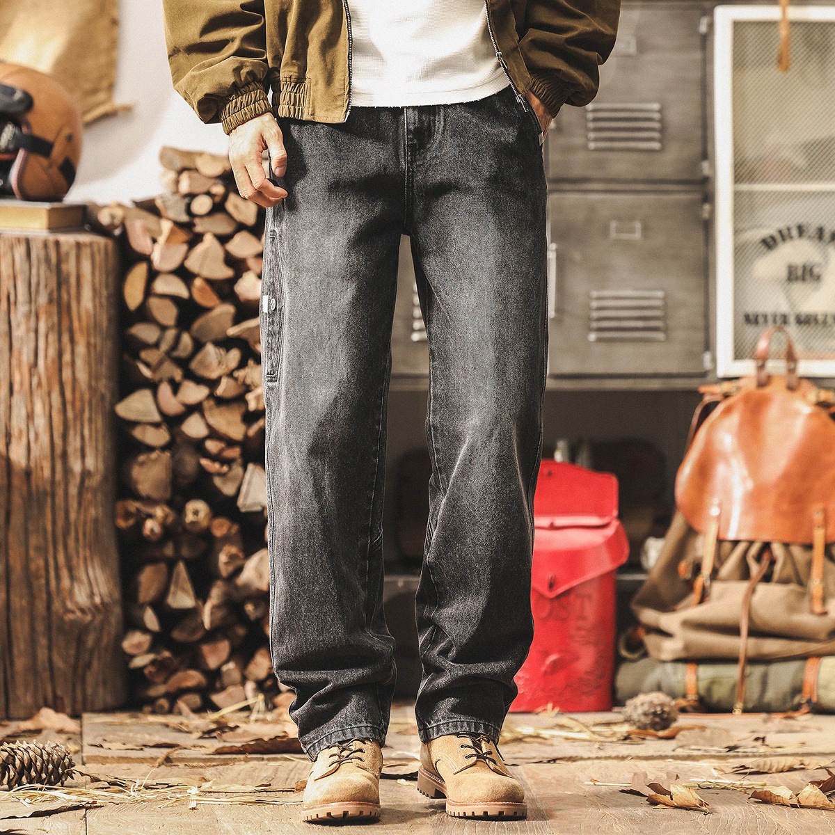 美式高街水洗牛仔褲男秋季新款寬鬆痞帥工裝褲子男潮牌直筒休閒褲