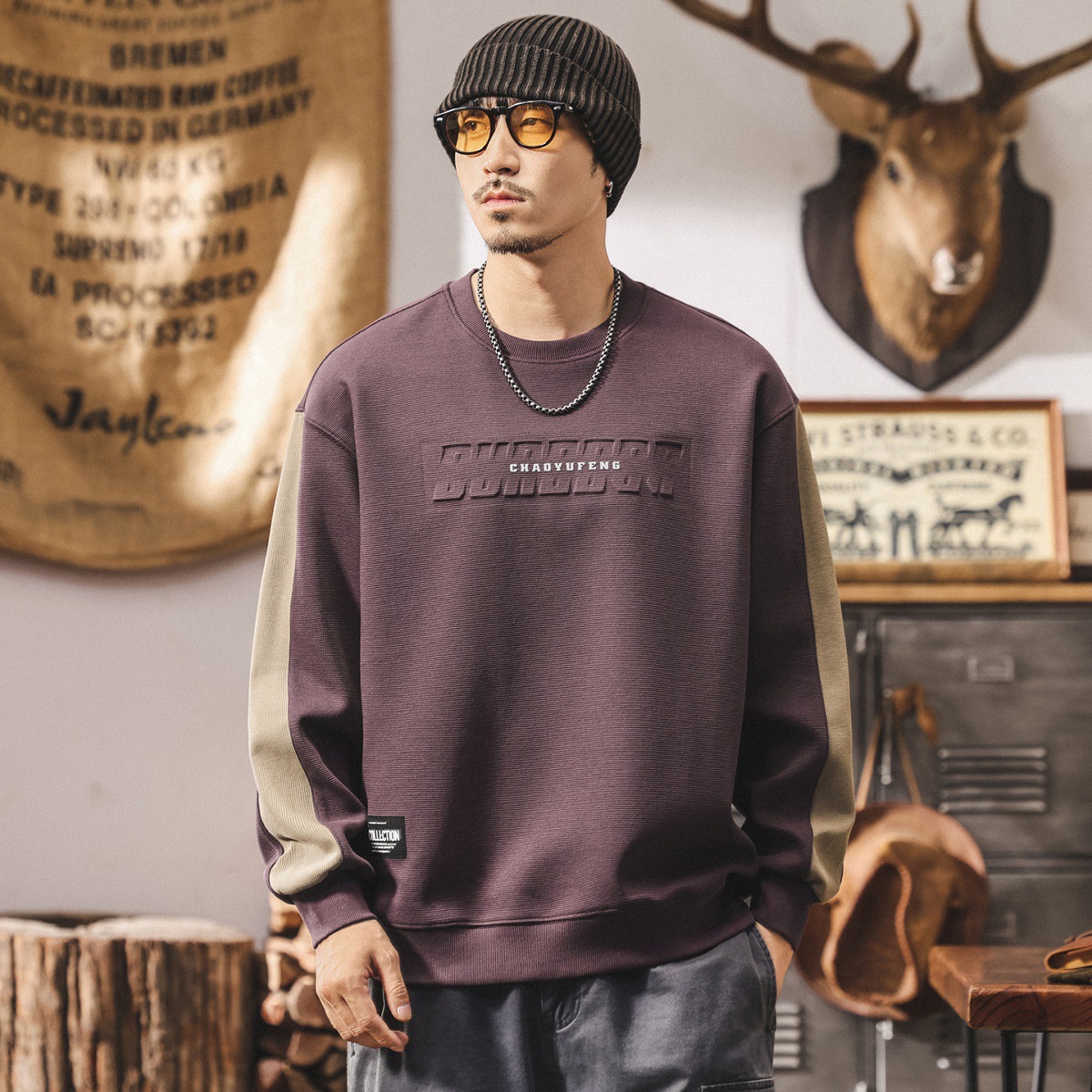 美式復古咖色衛衣男春秋2025新款立體鋼印360g重磅寬鬆休閒上衣男