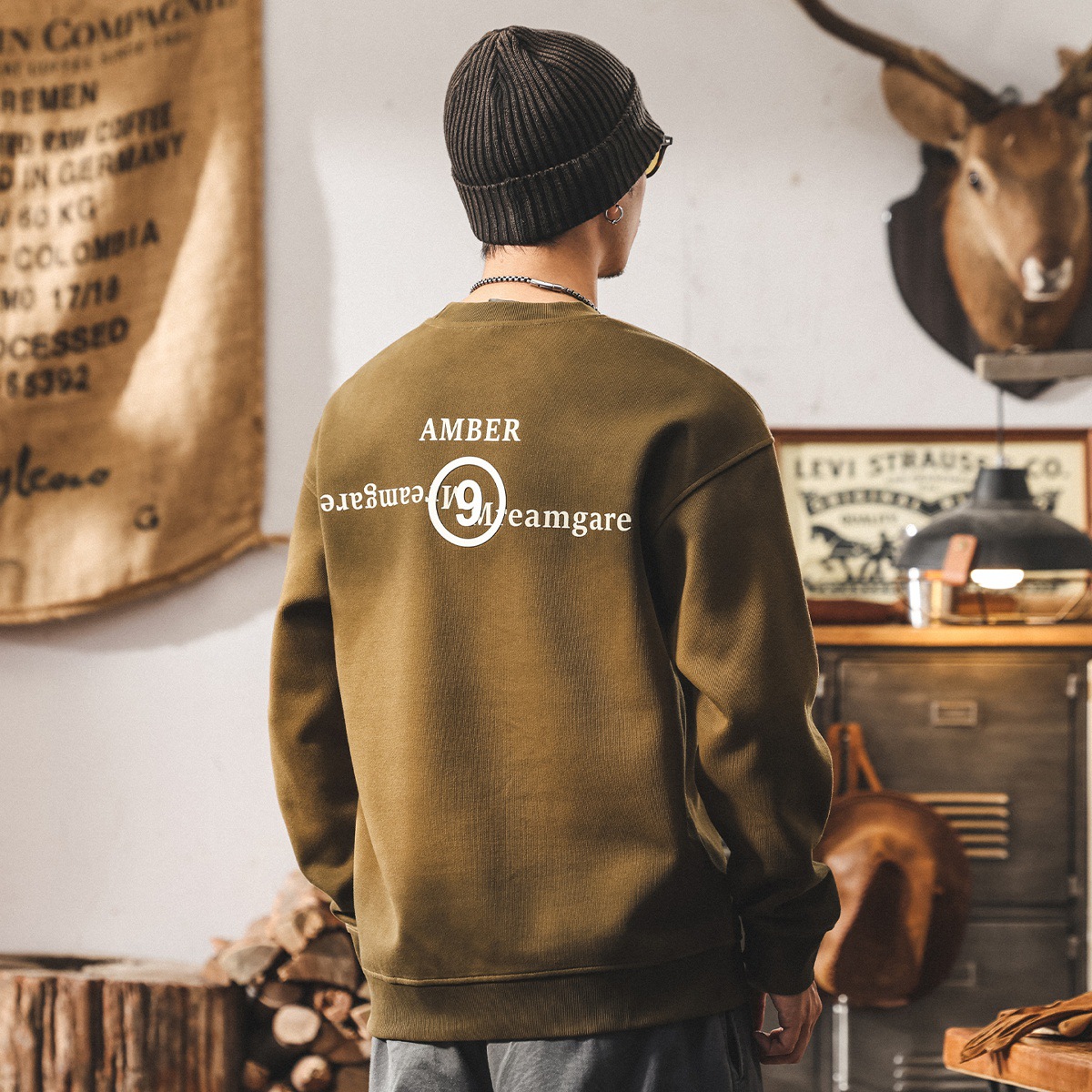 美式復古重磅圓領男士衛衣春秋新款潮牌安可拉紅寬鬆休閒秋季上衣