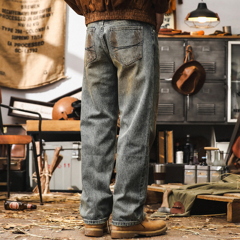 美式做舊臟染牛仔褲男款寬鬆直筒高街潮牌褲子男復古水洗休閒長褲