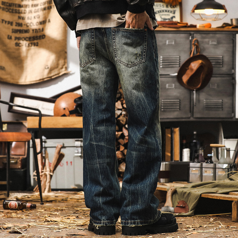 美式經典重磅牛仔褲男秋季2024新款復古水洗寬鬆直筒男士休閒長褲